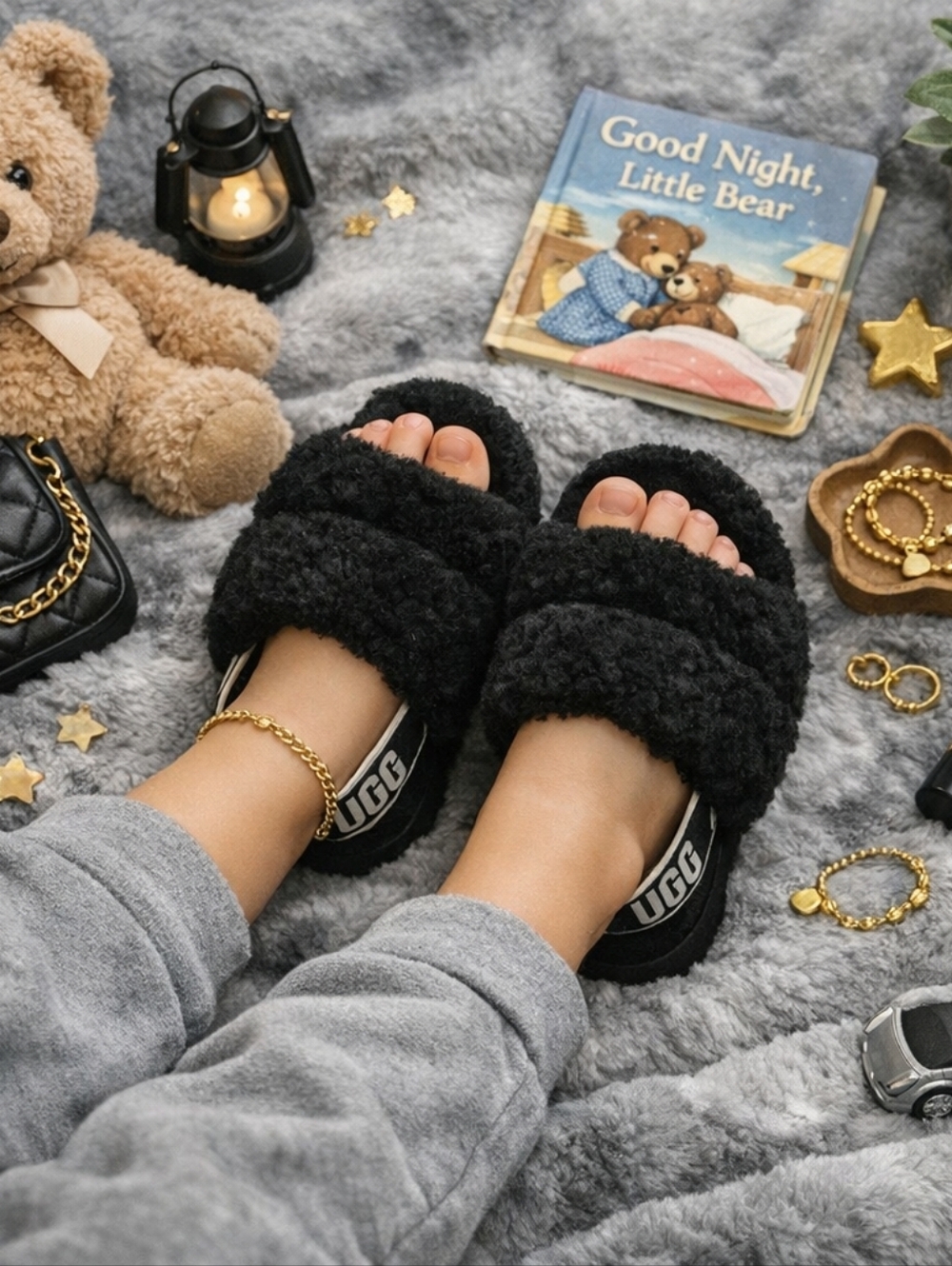 UGG Kids Size 11 Fluff Yeah Black Slingback Fuzzy Slippers Sandals